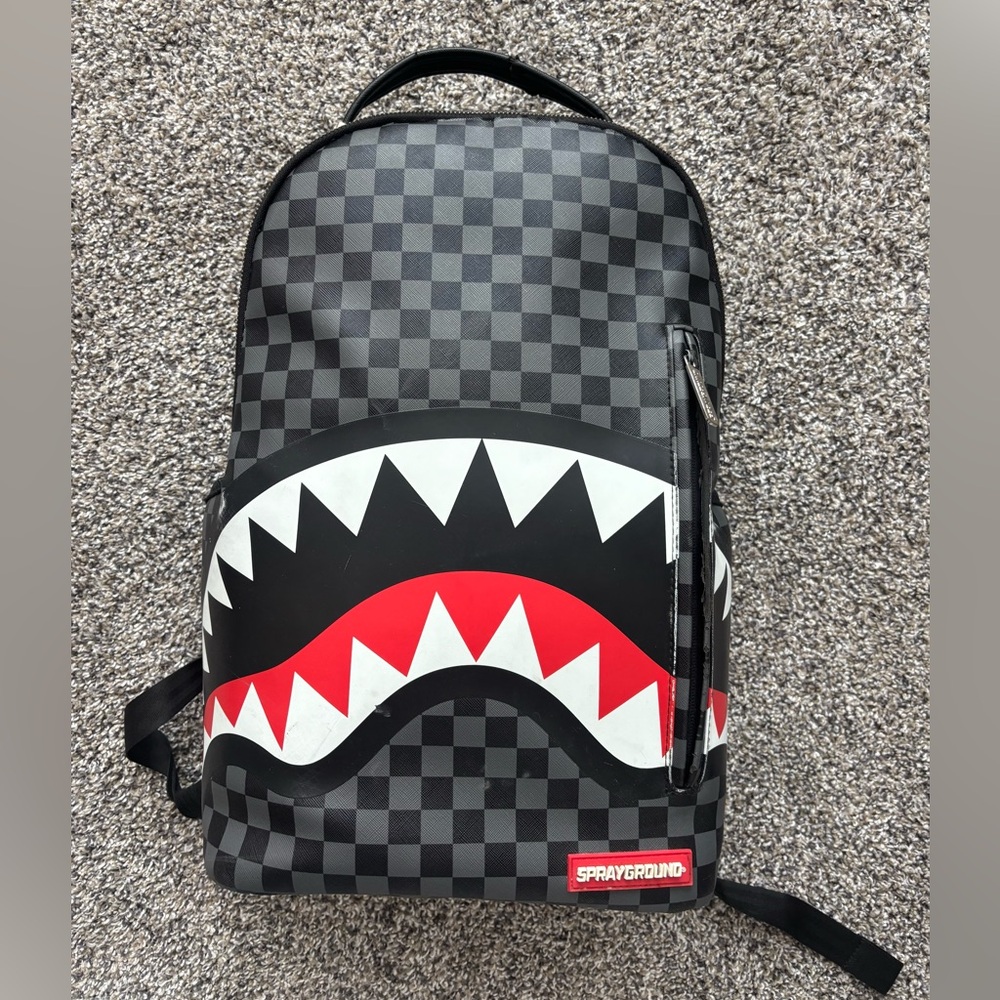 Sprayground Checkerboard Black and Red Leather Shark Backpack